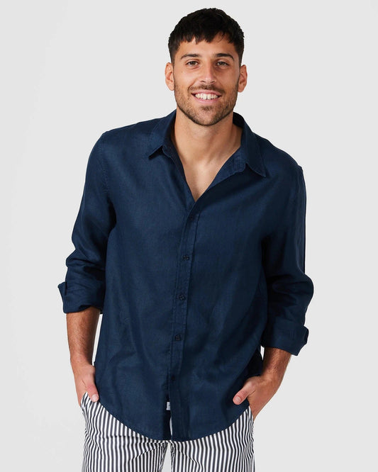 Vacay Swimwear Linen Shirt - Navy Shirts
